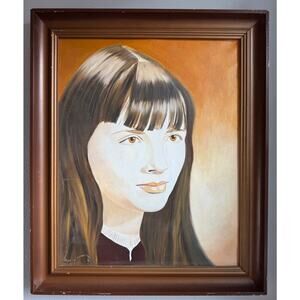 Mid-Century Portrait Painting Of Young Woman With Bangs, Oil On Canvas